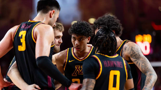 The Gophers huddle up during their game against Nebraska on Sunday, Feb. 25, 2024.